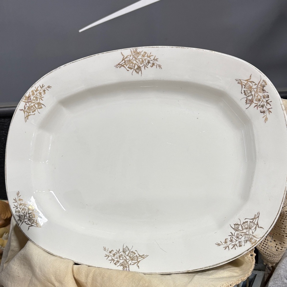 vintage white ironstone platter features gold floral detailing Edwin M. Knowles